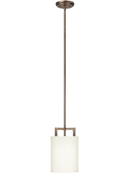 Hampton Single Pendant With Linen Drum Shade in Brushed Bronze.